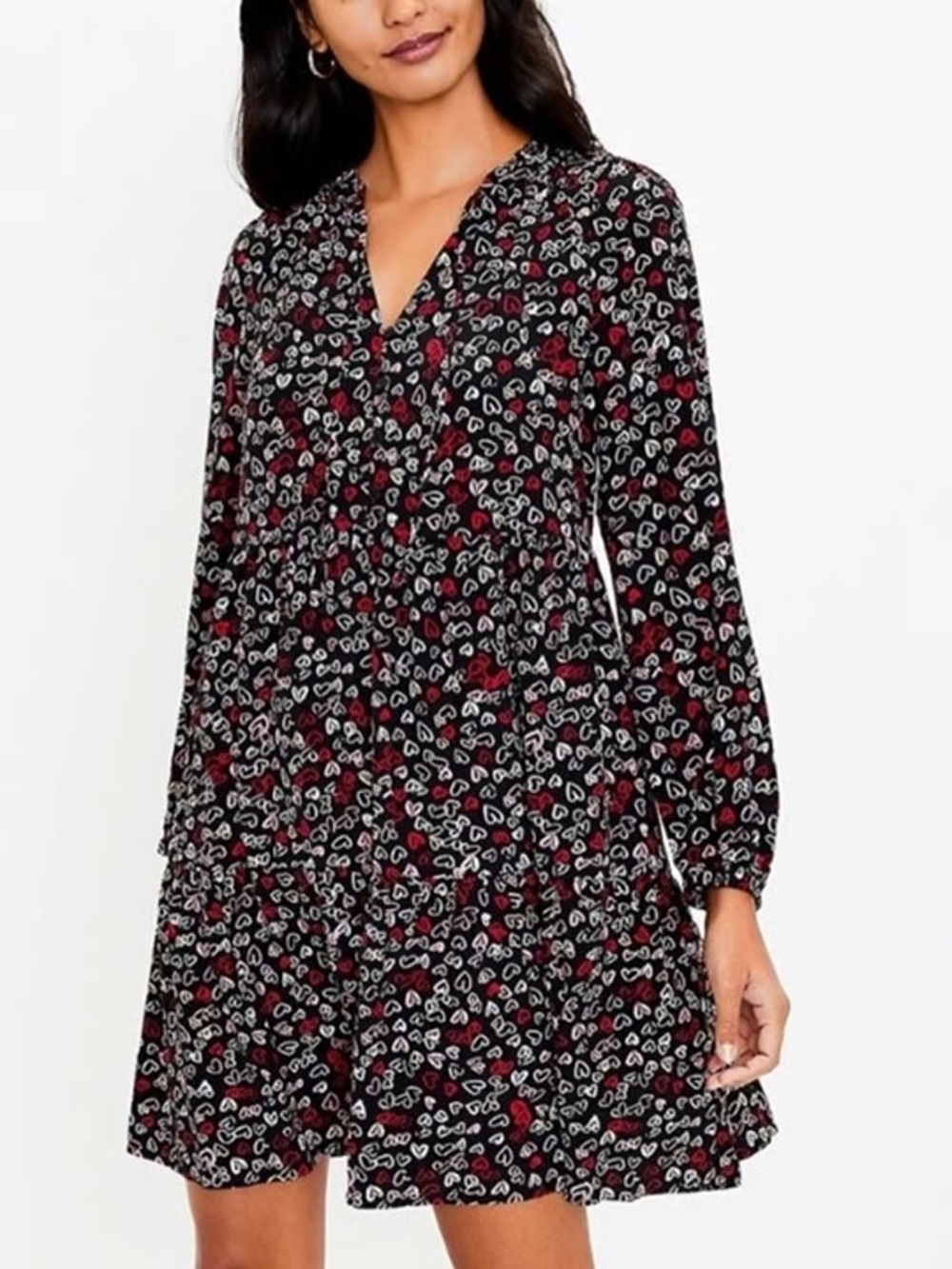 NWT LOFT Heart Print Tie-Neck Tiered Swing Mini Dress